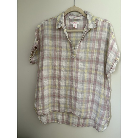 Isaac Mizrahi New York Tops - Isaac Mizrahi New York 100% Linen Plaid Short Sleeve Tunic Top Pink Yellow Med